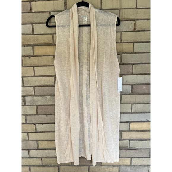 Saint Tropez West Sweaters - Saint Tropez West Cream 100% Linen Sleeveless Open Front Longline Vest Large NWT